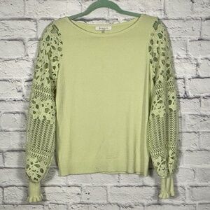 Soft Light Green Knit Sweater with Lace Sleeves